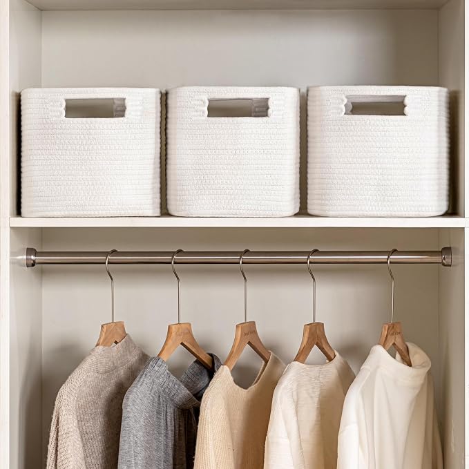 4 Pack Storage Baskets for Organizing, Shelf Baskets with Handles, White | 14.5"L x 9.8"W x 9"H, Woven Basket, Cotton Rope Basket, Toy Storage, Cube Shelf, Gift Baskets Empty, Home Decor