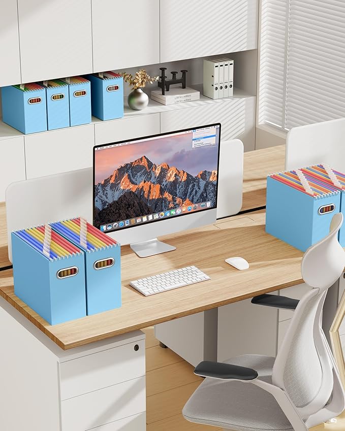 Oterri File Organizer Box, Portable Collapsible Cardboard File Folder Organizer with Handle for Letter Size Hanging Files, Document Storage Box for Home Office & Classroom (8 Packs, Blue)