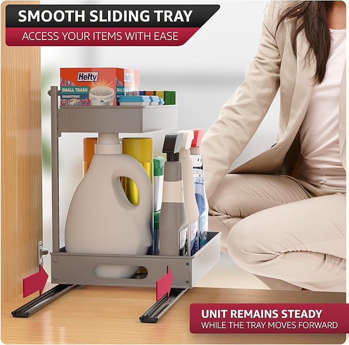 Sorbus Under Sink Organizer with Sliding Tracks – Pull Out Cabinet Organizer with Drawer & Installation Rails – Under Cabinet Bathroom Storage Organizer for Kitchen, Pantry, or Vanity –Silver 2 Pack