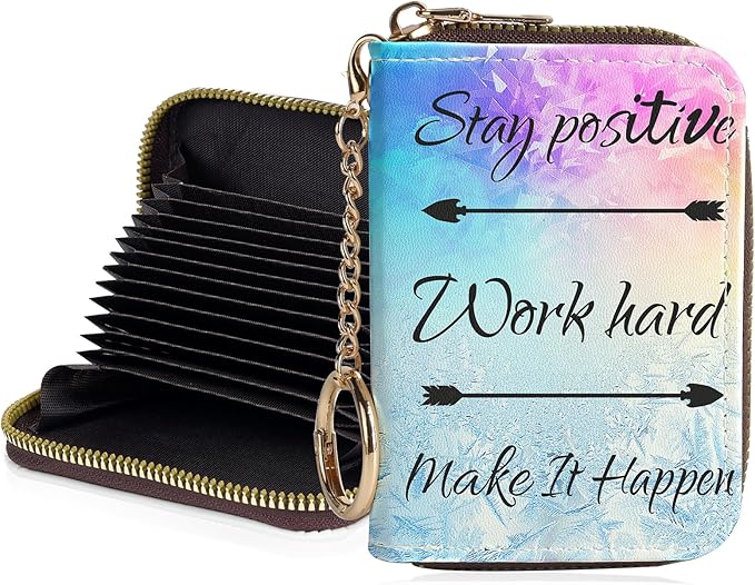 Credit Card Holder for Women,Small Rfid Wallet with Keychain Zipper,Cute PU Leather Card Case Wallet，Accordion Credit Card Wallets Gift,Stay positive