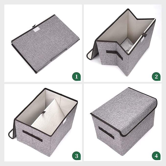 Bagnizer Large 22 Quart Linen Fabric Foldable Storage Bin Cube Organizer Basket with Flip-Top Lid & Handles, Clothes Blanket Box for Home, Office, Closet, Gray, 4 Pack 14.6 x 9.5 x 9.5”