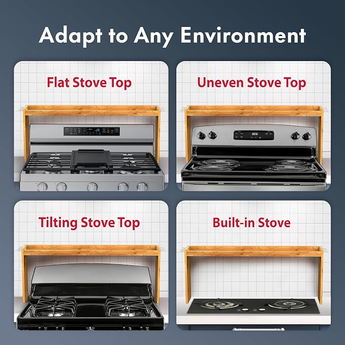 Mount Walker Bamboo Over the Stove Spice Rack, Stove Shelf with 6 Hooks for Back of Stove, 31.5" Kitchen Counter Shelf, Heat-Resistant, Kitchen Countertop Shelf for Spice Organization