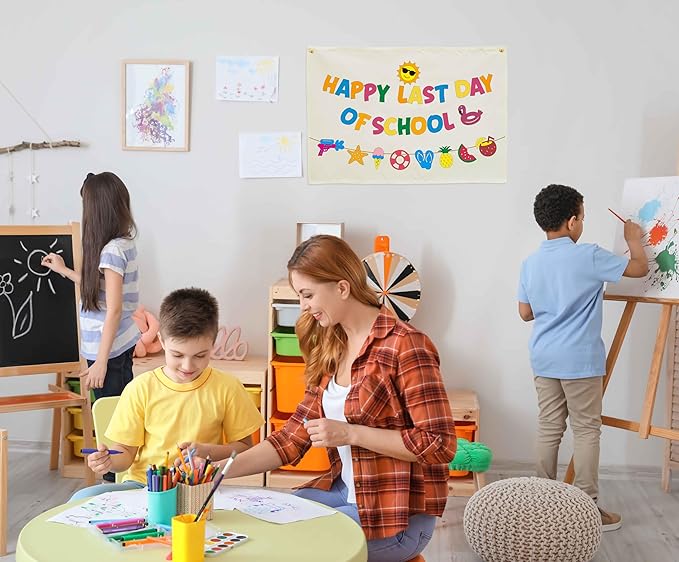 Happy Last Day of School Banner, Beige Cotton Canvas Classroom Wall Hanging Sign, End of Year Graduation Decor for Preschool Kindergarten Elementary Photo Backdrop, Teacher Gift 28.5x20 Inch