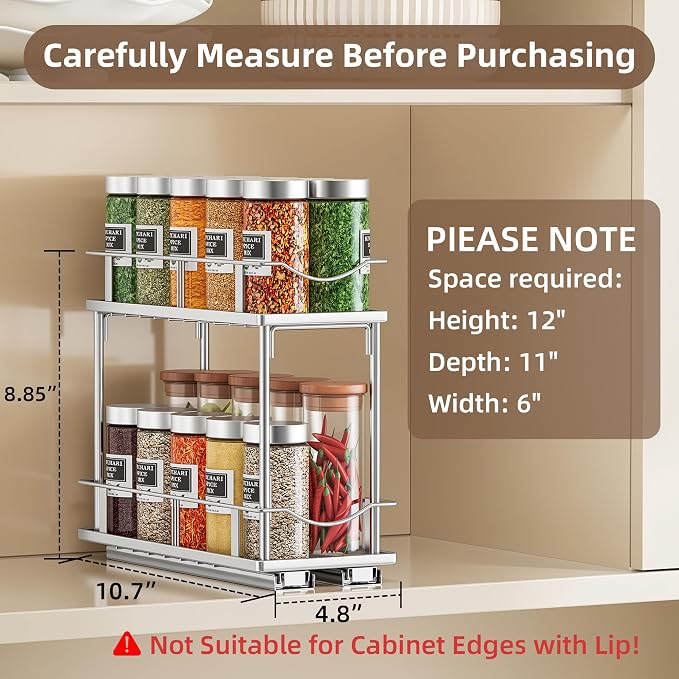 Bunoxea Pull Out Spice Rack 2 Pack,Slide Out Cabinet Spice Rack,Silver | 2-Tier Rack, Full Extension Ball Bearing Glides, 10.7"Dx4.8"Wx8.85"H, Kitchen Pantry,Narrow Cabinet Spice Storage Organizer