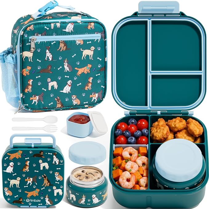 Fimibuke Kids Bento Lunch Box w/ 8.5oz Thermo Food Jar, Insulated Lunch Bag | Leak Proof 3-4 Compartments 60oz Toddler Lunch Food Container with Utensils, Sauce Cup for School Boys Girls, Dishwasher Safe