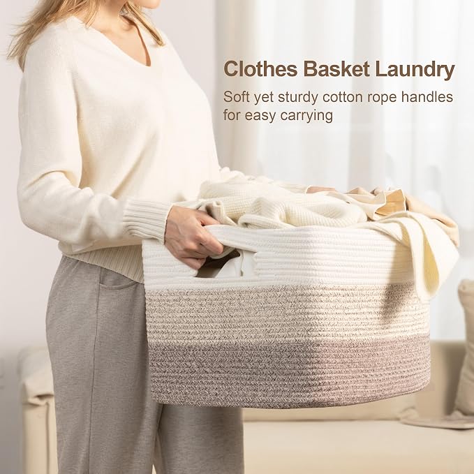 86L Large Woven Laundry Basket Hamper with Handles, Gradient Brown | 24"x16"x14", collapsible wicker hamper, storage for dirty clothes, toys, blankets, gifts, living room, bedroom, bathroom