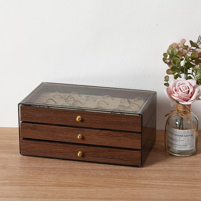 CLUQMEIK 3-layer Wooden Drawer Jewelry Organizers and Storage Box with Grey Acrylic Lid and Velvet Lining, Jewelry Box for Women and Girls to Store Rings Earrings Bracelets Necklaces
