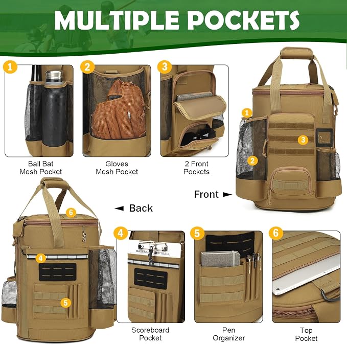 Baseball Bucket Bag, Softball Coaches Bags Fit 6 Gallon Buket | Baseball Coaching Accessories Organizer with Anti-Slip Bottom & Multiple Pockets for Bat, Gloves, Scoreboards