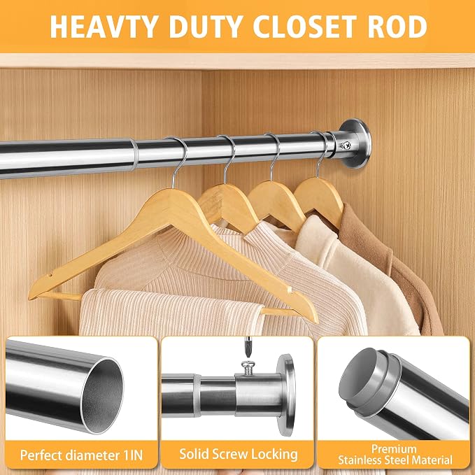 Closet Rods For Hanging Clothes, 17-64 Inch Adjustable Closet Rod, Stainless Steel Heavy Duty Closet Hanging Rod-Silver