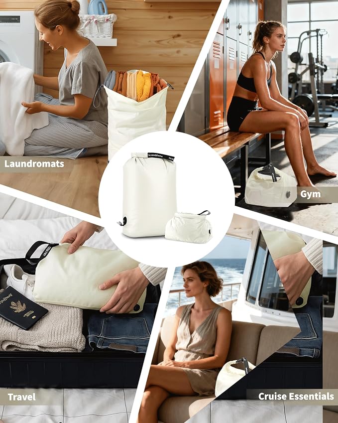Travel Compression Laundry Bag, Pump-Free Vacuum Space Saver Bag for Dirty Clothes, Reusable Waterproof Wet Dry Bag, Travel Laundry Bag for Luggage, Packing, Suitcase (1 Pcs)（White, M)