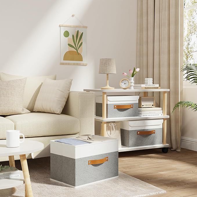 OUTBROS Large Fabric Storage Box with Lids, Foldable Linen Wardrobe Containers, Organiser For Towels, Clothes, 17.7 x 11.8 x 11.8 inch (White/Grey, 1-Pack)