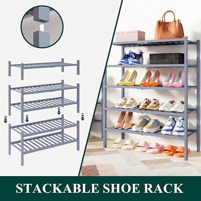 Smiry Bamboo Shoe Rack, 3 Tier Free Standing Wooden Shoe Organizer, Stackable Wood Shoe Storage Shelf for Closet, Entryway, 14 Vertical Slats, 2+1 Stack Heavy-Duty Legs, 26.8"x11"x19.5", Grey