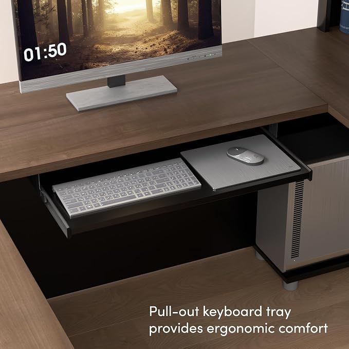 Bestar L Shaped Desk with Drawers and Keyboard Tray, Executive Workstation for Home or Professional Office, 72 Inches, Connexion Collection, Antigua and Black | With Drawers and Keyboard Tray; The Bestar Connexion L Shaped Desk with Drawers presents a ...