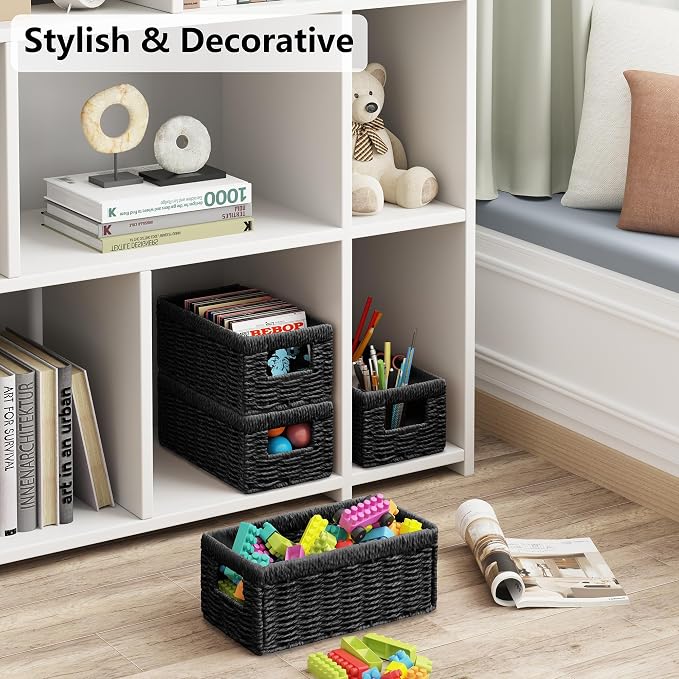 Vagusicc Wicker Storage Basket, Set of 2 Hand Woven Wicker Baskets for Organizing with Handles, Decorative Small Storage Bins for Countertop Toilet Paper Basket for Toilet Tank Top Shelves, Black