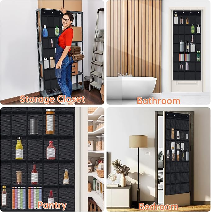NiHome 35 Pockets Door Hanging Cup Organizer Fit for Stanley Tumbler, Black | Large Capacity Over the Door Water Bottle Organizer in Kitchen, Pantry, Classroom, Elastic Mesh Secure Storage Cup Holder