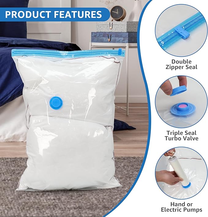 Simple Deluxe 32 Pack Vacuum Storage Bags, Space Saver Bags with Hand Pump, Vacuum Seal Bags for Clothing, Comforters, Blankets, Bedding, Pillows (5 Jumbo/5 Large/6 Medium/6 Small/5 Roll M/5 Roll S)