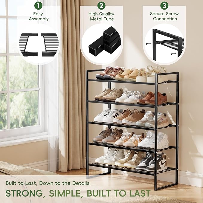 5 Tier Shoe Rack for Closet, 27 Inch Long Square Shoe Storage Organizer for Shelves, Heavy Duty Metal, Easy Assembly Stackable, Black
