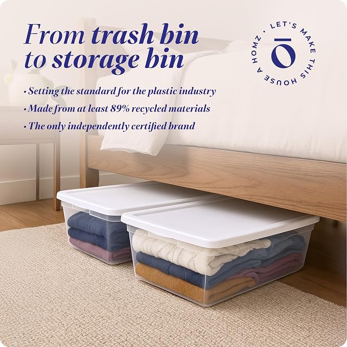 HOMZ 2-Pack Snaplock, Large Clear Plastic Storage Organizer Bins w/Lids, 41 Quart, White - Stackable Container Boxes for Bedroom, Bathroom, Garage, and Office Organization