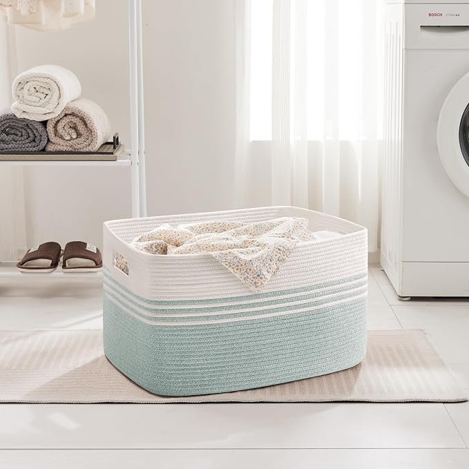 60L Woven Laundry Basket Hamper with Handles, Green | 21"x15"x11", collapsible wicker hamper, storage for dirty clothes, toys, blankets, gifts, living room, bedroom, bathroom