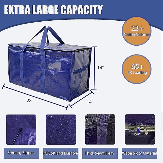 Extra Heavy Duty Moving Bags - 23 Gallon Extra Large Storage Bags 65 lbs Capacity, Waterproof Foldable Packing Bags for College Students, Camping & Closet Organizat(4PCS)