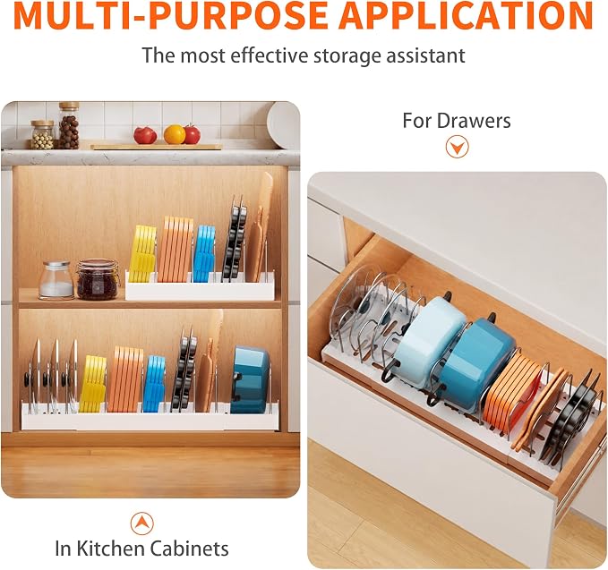 Antigo 2 Pack Expandable Pots and Pans Organizer, lid organizer | 9 Adjustable Stainless Steel Dividers，For Kitchen Countertop Cabinet and Pantry, For Food Container lid, 12.6"-22.4" Wide