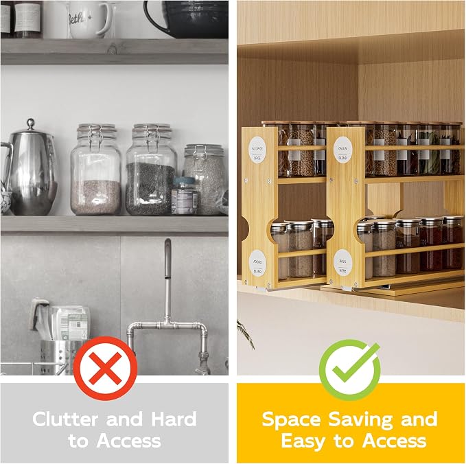 Jolitac Bamboo Pull Out Spice Rack for Cabinet, Slide Out Drawers | 1.85" Wide Drawers, Space-Saving Vertical Organization, Easy to Install, 9.1" Wide, 3 Drawers, 2-Tier