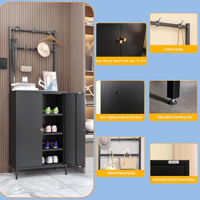 Tall Metal Shoe Cabinet with Coat Rack,Farmhouse Shoe Storage Cabinet with Doors,Hanging Bar,Hooks for Entryway, Hallway, and Living Room,2in1 Hall Tree with 3 Adjustable Shelves(Black)