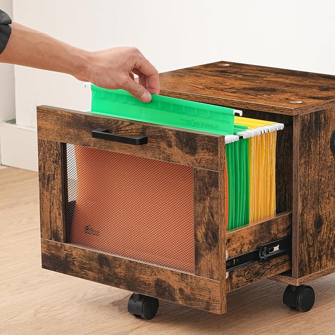 HOOBRO File Cabinet, Rolling File Cart, Under Desk Small Filing Cabinet, File Organizer Box, Home Office File Basket with Drawer for A4, Letter Files, Rustic Brown and Black BF11WJ01G1