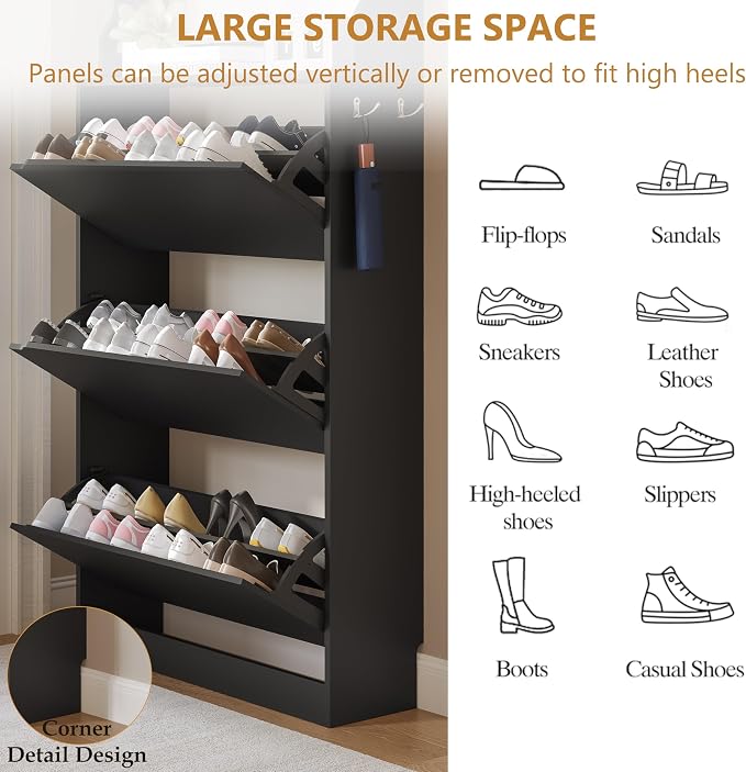 Wodeer Tall Shoe Cabinet with Coat Rack, Hidden Shoe Storage Cabinet with Doors & Drawer, Hanging Bar & Hooks, Slim Narrow Freestanding Shoe Rack Organizer for Entryway, Hallway & Living Room, Black