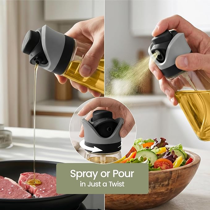 Olive Oil Dispenser for Kitchen 2-in-1 Pour and Spray | 7.7 oz / 230 ml | Glass Olive Oil Sprayer for Cooking, Airfryer, Salad & BBQ | Set of 2 Bottles, Black