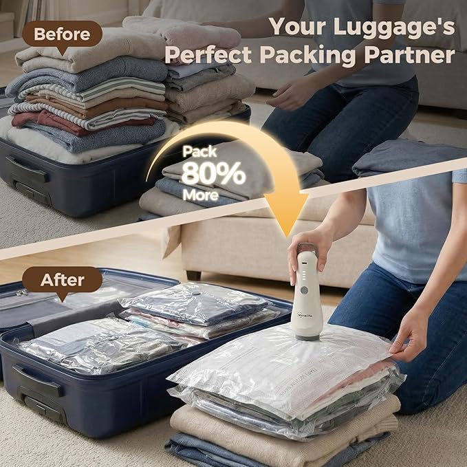 Vacuum Seal Bags for Clothing Travel,12-Pack, 80% Space Reduction | Fits Carry-On, Luggage, and Suitcase, Reusable Airtight Seal Prevents Leaks, Ideal For Home Storage & Travel Packing