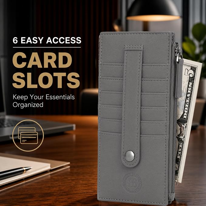 Leatherboss Genuine Leather Women's All in One Credit Business Card Case Holder Slim Zipper Wallet With a Card Protection Strap, Gray
