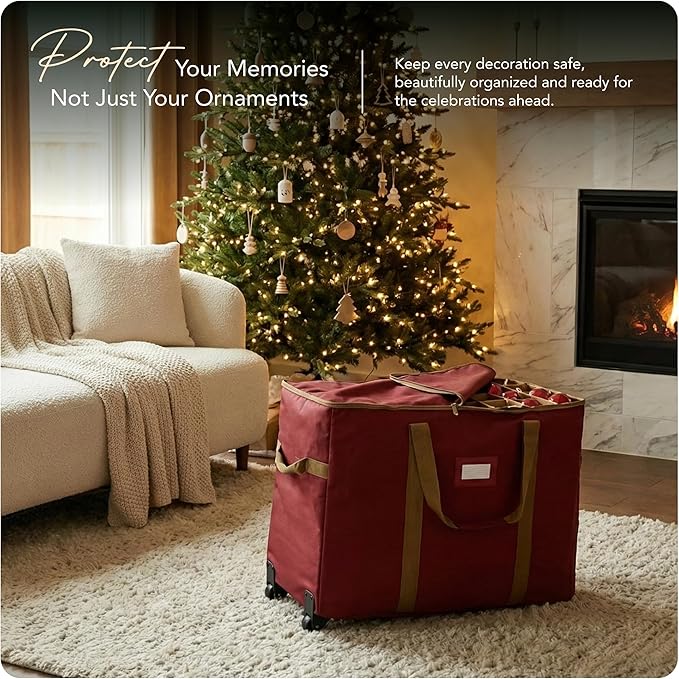 Covermates Keepsakes Rolling Adjustable Ornament Storage Bag – Heavy-Duty Polyester, FlexGrid Trays & Padded Dividers – Protective Holiday Organizer with Wheels, Handles & ID Window, Red