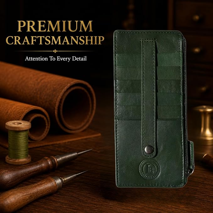 Leatherboss Genuine Leather Women's All in One Credit Business Card Case Holder Slim Zipper Wallet With a Card Protection Strap, Teal Green