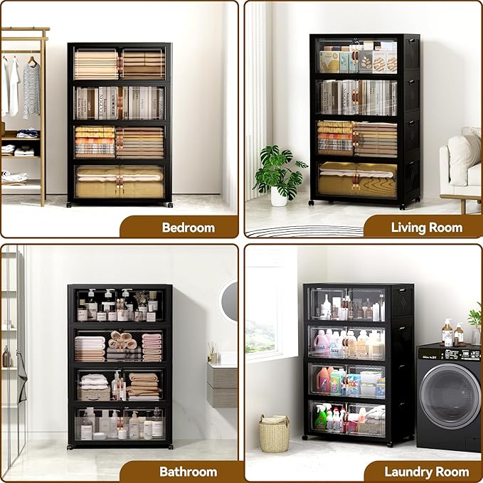 SAILUN 424QT/106Gal Stackable Storage Bins with a Lid, Collapsible Storage Bins With Doors, Folding Cabinet for Home Closet Organization,4 Pack-26 W x 16.5" D x 57.1" H Black