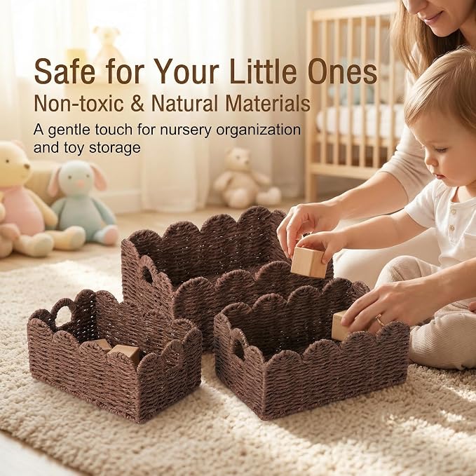 Scalloped Wicker Baskets, Set of 3 Hand-Woven Storage Baskets with Handles - Paper Rope Shelf Organizers & Decorative Baskets for Shelves, Closet, Bathroom (Brown）