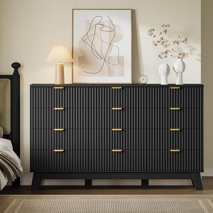BORNOON 57" Wide Dresser for Bedroom, 12-Drawer Fluted Dresser with Metal Handles, Wood Chest of Drawers with Smooth Slides and Stable Base, Storage Cabinet for Living Room, Nursery, Timeless Noir