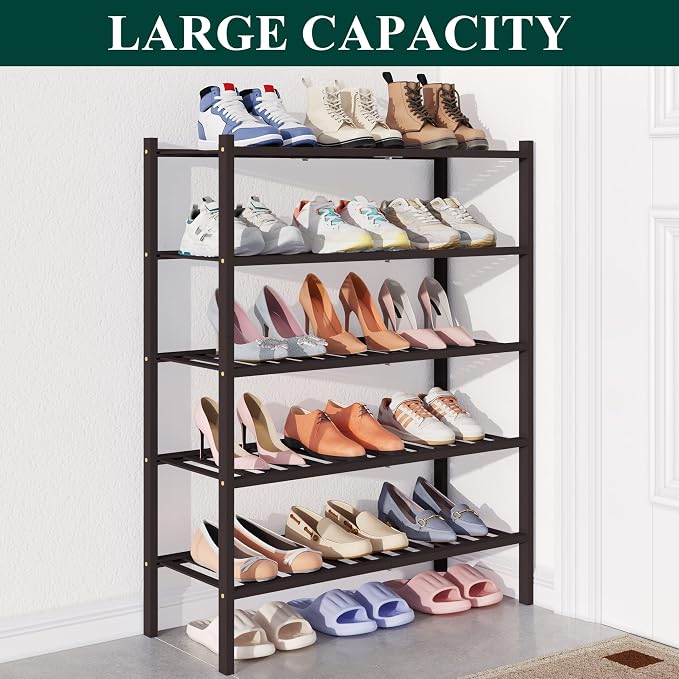 Smiry Bamboo Shoe Rack for Closet, 5 Tier Wooden Shoe Organizer, Stackable Wood Shoe Storage Shelf for Entryway, 14 Vertical Slats, 2+3 Stack Heavy-Duty Legs, 26.77"x11.02"x31.3", Brown