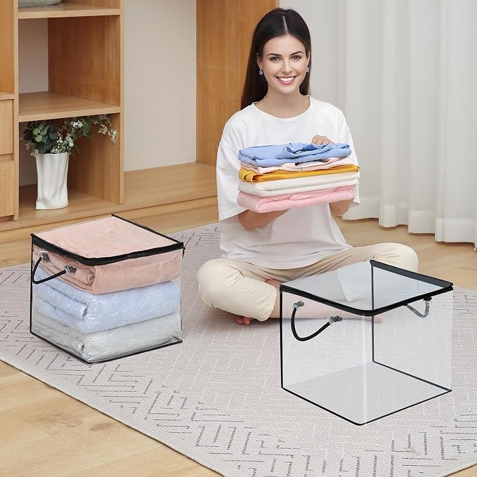 10 PCS Clear Zippered Storage Bags with Handles,Sweater Storage with Two-Way Zipper,Foldable Closet Organizer Bed Sheet Organizer,Cube Plastic Organizer,Bag,Bin for Clothes,Towel-BK