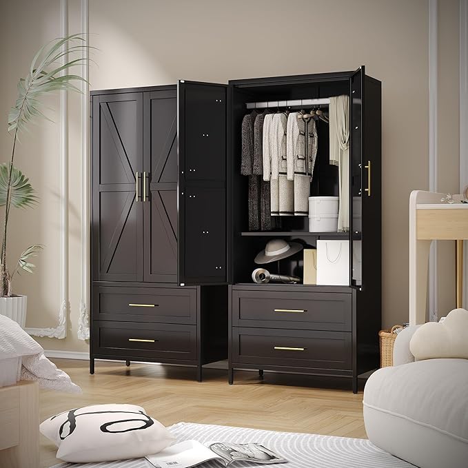 METAN Metal Wardrobe Closet with Doors,Armoire Wardrobe Closet with 2 Drawers for Bedroom,Assembly Required,Black