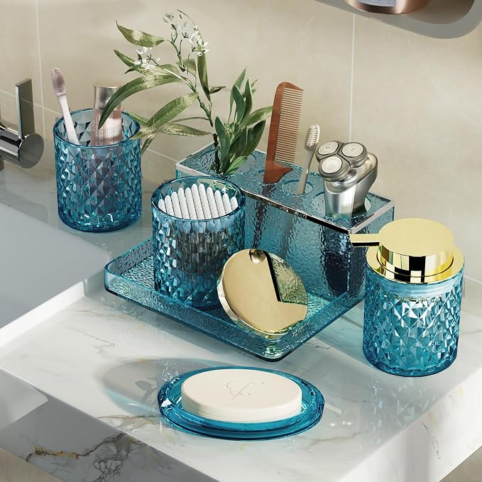 Glass Bathroom Accessories Set 5Pcs Crystal - Foaming Soap Dispenser, Soap Dish, Cup, Acrylic Toothbrush Holder with Tray Organizer, Qtip Jar, Bathroom Counter Set Sink Decor (Teal)