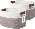 ECDYQXVU 15x10x9 Woven Cotton Rope Storage Basket, Leather Handles 2 Pack | Foldable Design, Sturdy PU Handles, Easy to Clean Organizer for Living Room, Closet, Shelves, Bedroom, Laundry, Clothes