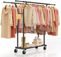 Heavy Duty Rolling Garment Rack, Double Rod Clothing Organizer, Black | Supports up to 500 lbs, extendable double hanging rod, lockable wheels, storage shelves for bedroom, laundry, and living room