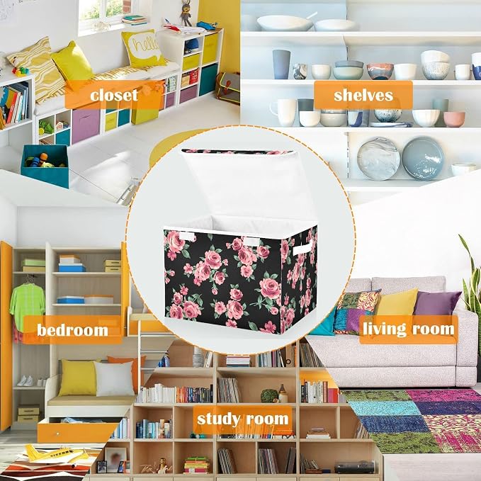 CaTaKu Large Fabric Storage Bins With Lids, Floral Pink Rose Storage Boxes With Handles for Organizing Clothes, Collapsible Storage Cube Bins Baskets for Shelves