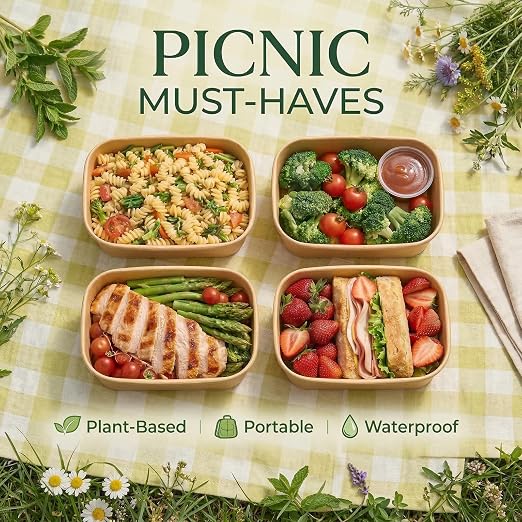 TOPtoper 50 Pack 30 OZ Disposable Meal Prep Containers with Lids and Forks, Large Kraft Paper Bowls for Party, Disposable Food Containers with Lids, Freezer and Microwave Safe Meal Prep Containers