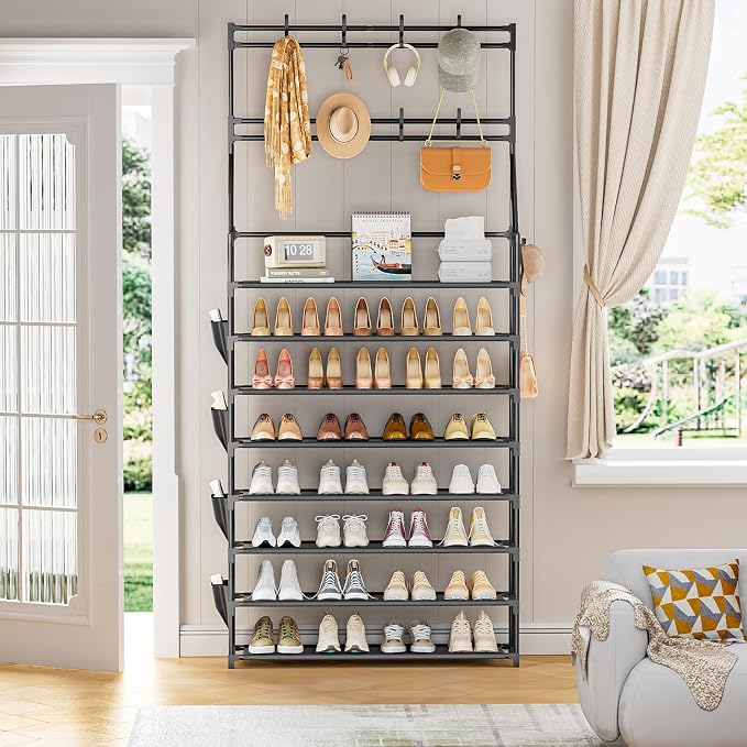 OYREL Shoe Rack 8 Tier Large Shoe Organizer Storage 32-40 Pairs | Metal Shoe Storage Rack with Hooks and Side Pocket for Entrance Entryway Closet Shoe Shelf Holder