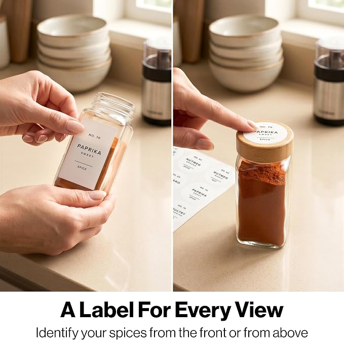 Minimalist Spice Jar Labels Self-Adhesive - 240 Stickers for Spice Jars, Spice Jars & Drawers, Round & Rectangular, Waterproof Spice Organiser Labels for Kitchen Organisation (White)