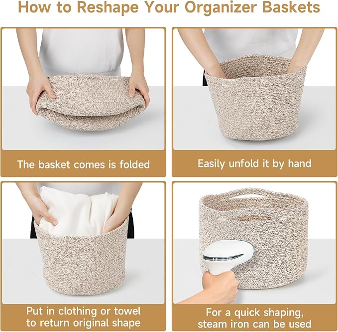 Small Rope Baskets for Storage, Baskets for Gifts Empty, Cute Round Woven Basket, Decorative Shelf Baskets 9.82×9.82×7.1", Cotton Toy Basket Storage Bins for Organizer 3 Packs-Brown