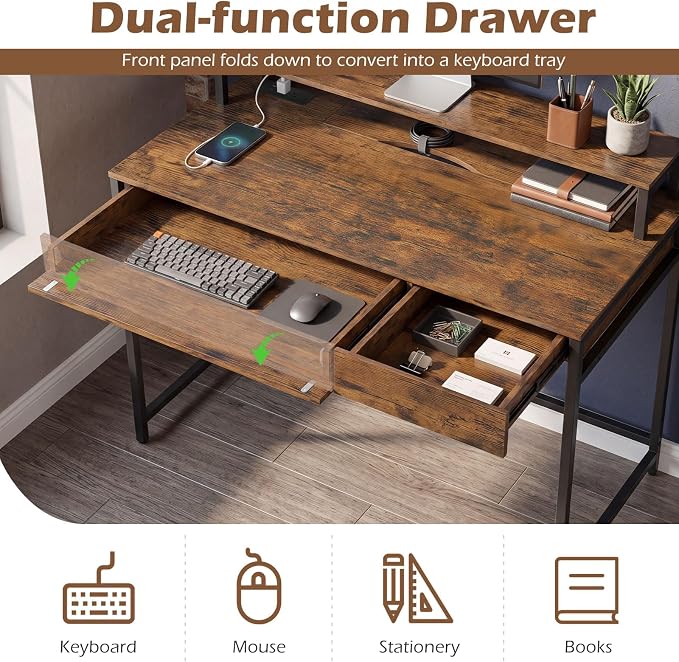 Tangkula Computer Desk with Dual-use Drawer & Keyboard Tray, Home Office Desk with Removable Monitor Shelf & Power Outlets, Modern Writing Desk Study Table for Home Apartment Dorm (Rustic Brown)