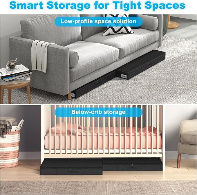 Under Bed Storage Container Bins 2 Pack, 5 Inch Thin Low Profile Underbed Clothes Storage Organizer for Dorm & Home, Use for Blanket and Toy Storage Box W/ Sturdy Bottom/Sides, Foldable Thick Fabric